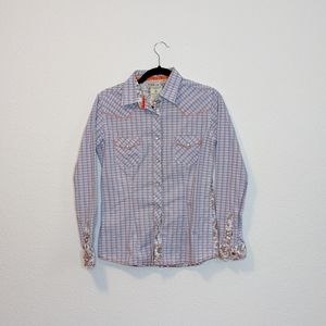 Panhandle Rough Stock Blue Orange Button Down Plaid Paisley size Small